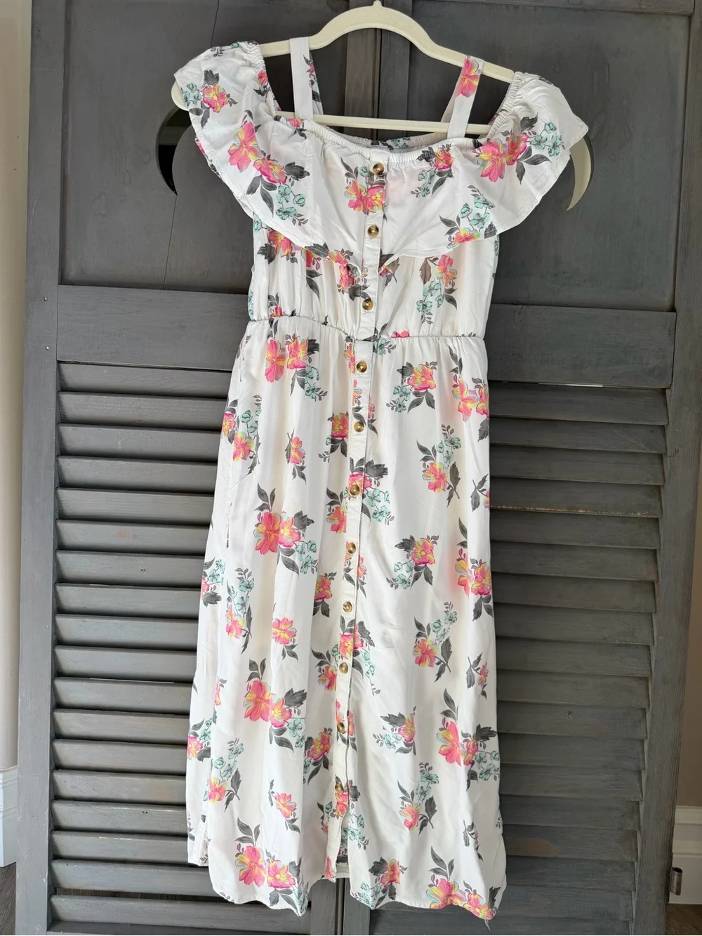 Justice White Floral Off-Shoulder Dress with Pink Flowers | Size 7/8